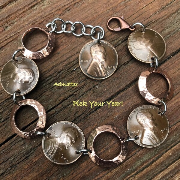 60th Birthday Penny Coin Bracelet HAMMERED Copper Anniversary Gift Coin Jewelry PICK YEAR Natural Patina 60th 55th 45th 35th 30th 25th 20