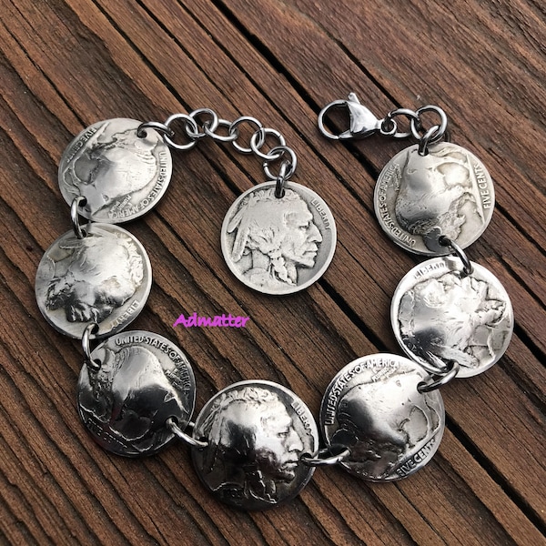 Native American Buffalo Indian Head Nickel Bracelet Authentic Coins 1920's-1930's Antique Statement Chunky Jewelry Birthday Gifts for Women