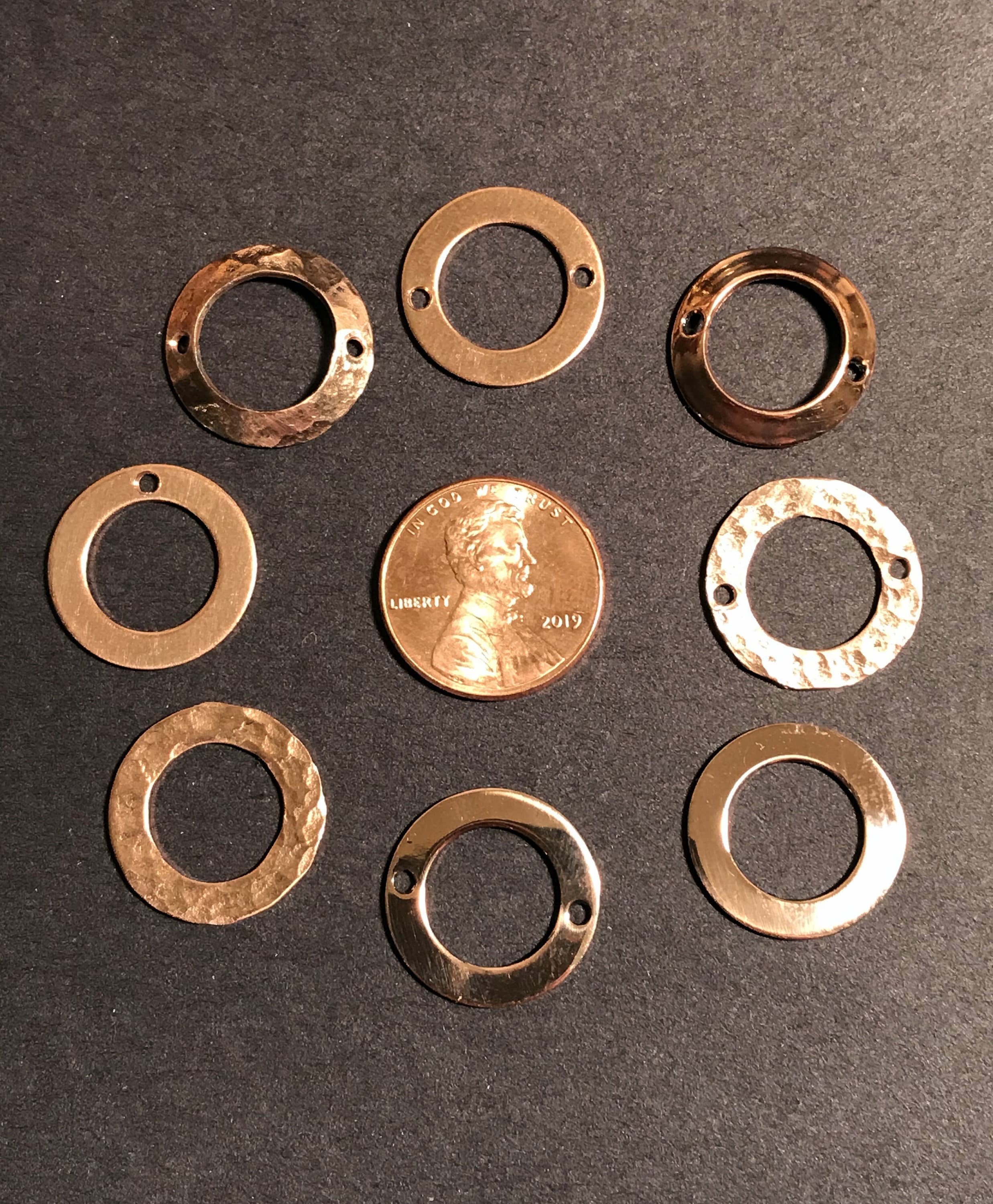 Copper Washers Custom Drilled Holes Lot of FIVE 17MM 22 Gauge 1/32 X 11/16 X 7/16 Flat Domed Polished / Raw Hammered Stamping Etching Blanks