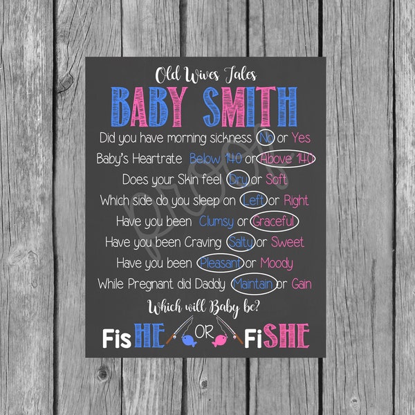 Fishing Gender Reveal // Fis He or Fi She // Old Wives Tales Gender Reveal Baby Shower Chalkboard Printable File