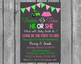 Tractors or Tutus Gender Reveal Invitation - Gender Reveal Invite - Gender Reveal