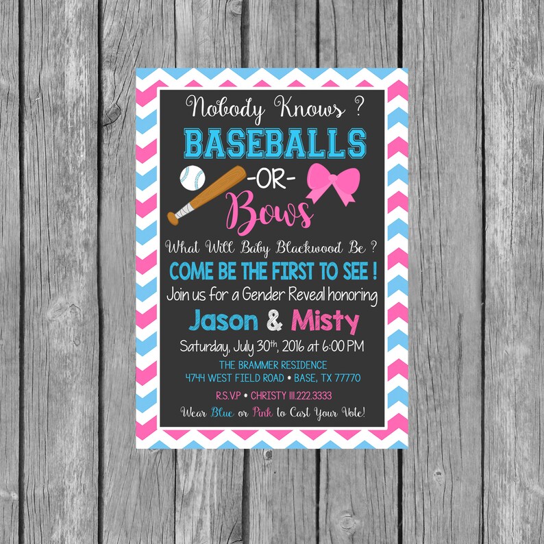BASEBALLS OR BOWS Gender Reveal Party Invitation Gender Etsy