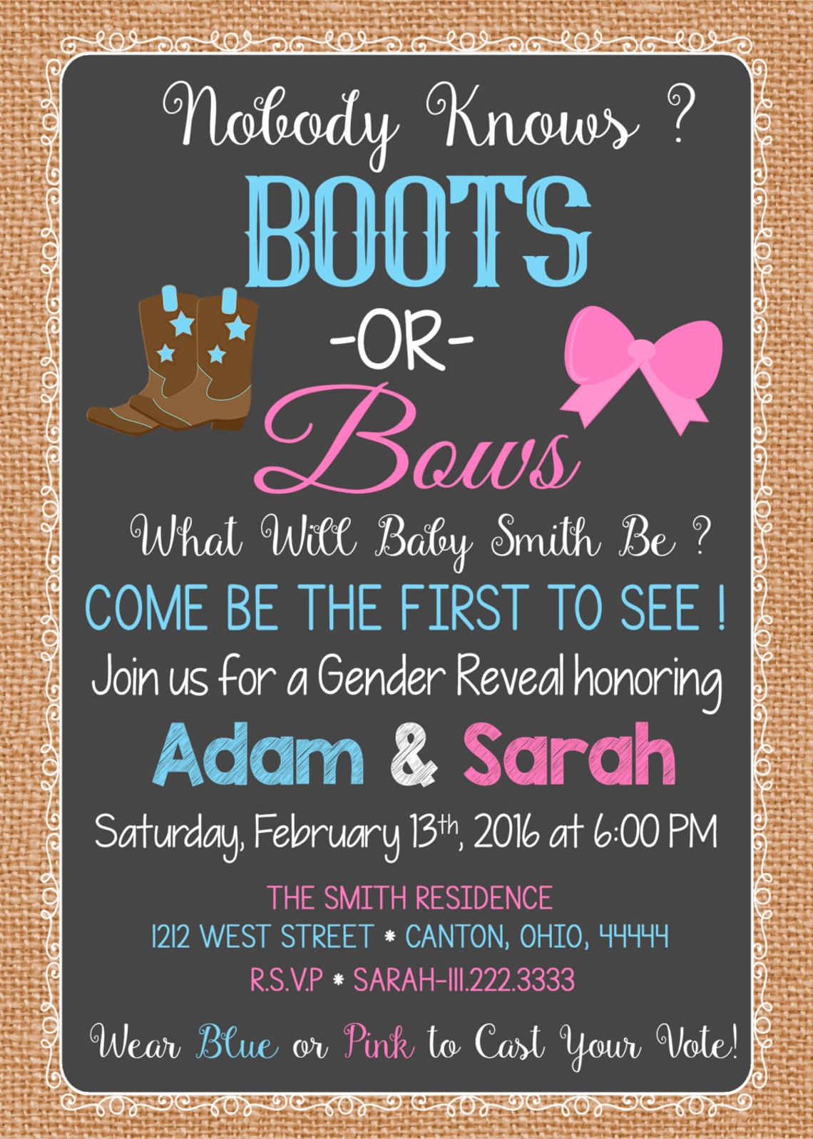 BOOTS OR BOWS Gender Reveal Party Invitation Gender Reveal Etsy