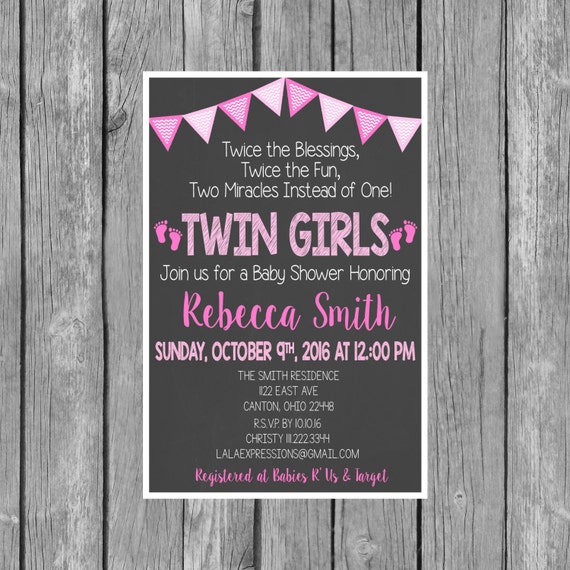 Twin Girls Baby Shower Invitation Twin Girls Pink Invite Etsy