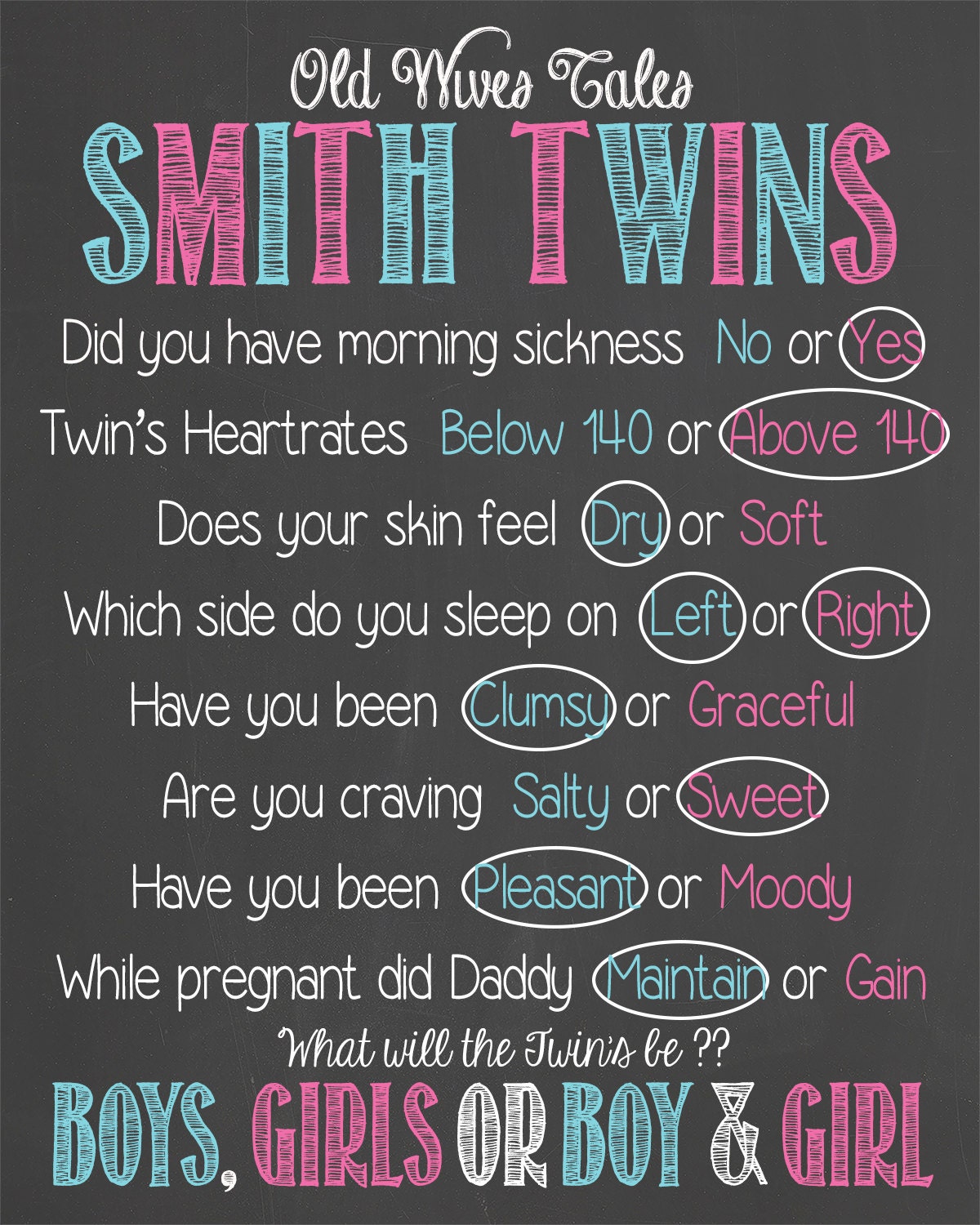Twins Old Wives Tales Gender Reveal Baby Shower Chalkboard