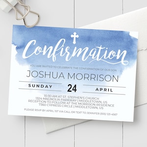 Printable Confirmation Invitation - Blue Watercolor - Instant Download Editable Printable Confirmation Party Invitation PDF Template