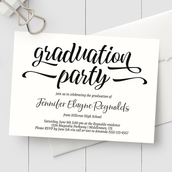 Printable Graduation Party Invitation - BLACK INK ONLY - Instant Download Editable and Printable Grad Party Graduation Invite pdf Template