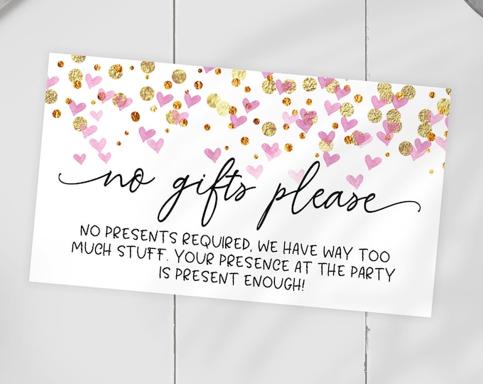Printable No Gifts Invitation Insert Pink Hearts Editable Printable