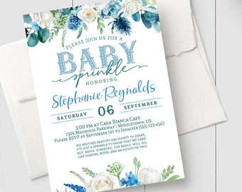 Printable Baby Sprinkle Invitation - Blue Floral - Instant Download Editable Printable Boy Baby Sprinkle Invitation PDF Template
