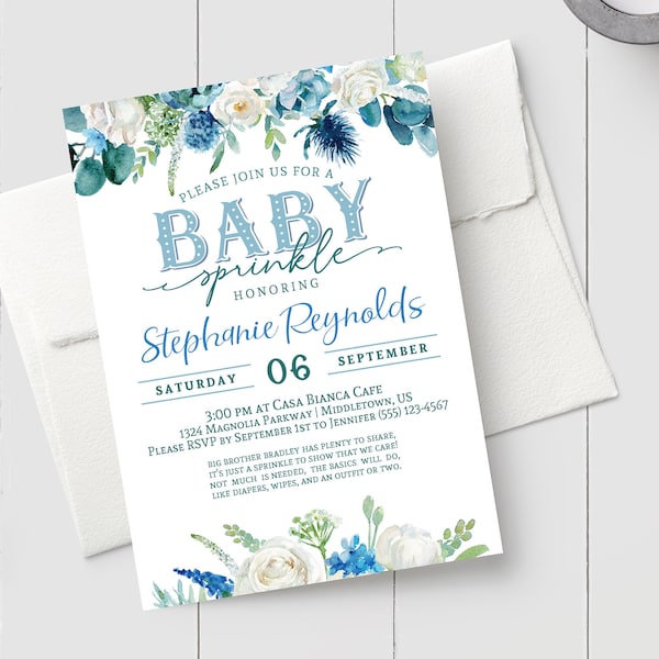 Printable Baby Sprinkle Invitation - Blue Floral - Instant Download Editable Printable Boy Baby Sprinkle Invitation PDF Template