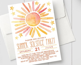 Printable Summer Solstice Party Invitation - Sun & Stars Solstice Party - Editable Printable Solstice Party Invitation PDF Template