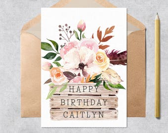 Printable Personalized Birthday Card - Instant Download Customizable Watercolor Floral Birthday Card - PDF Birthday Card Template