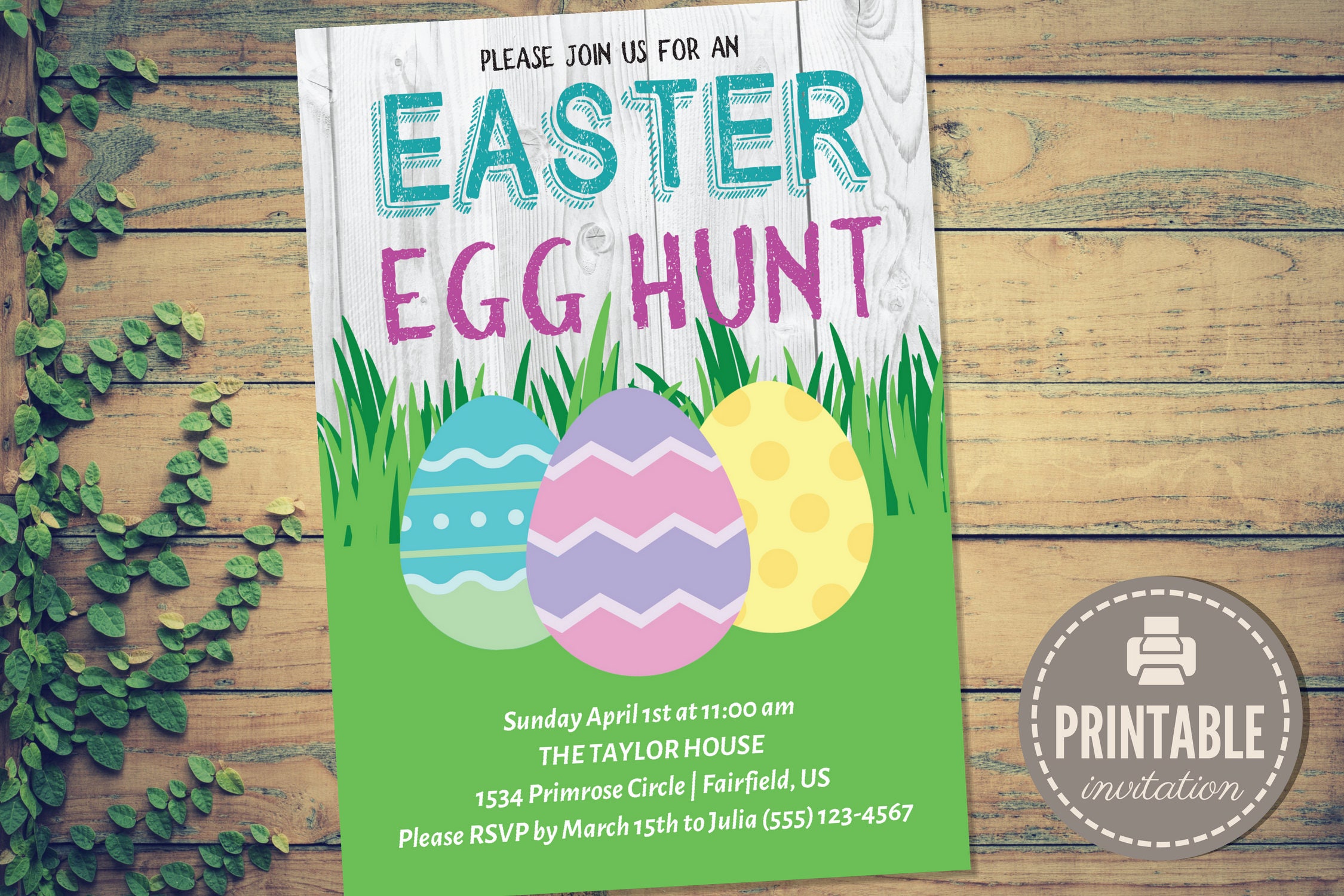 Printable Easter Egg Hunt Invitation Instant Download Editable Printable Colored Eggs Easter Party or Brunch Invitation PDF Template