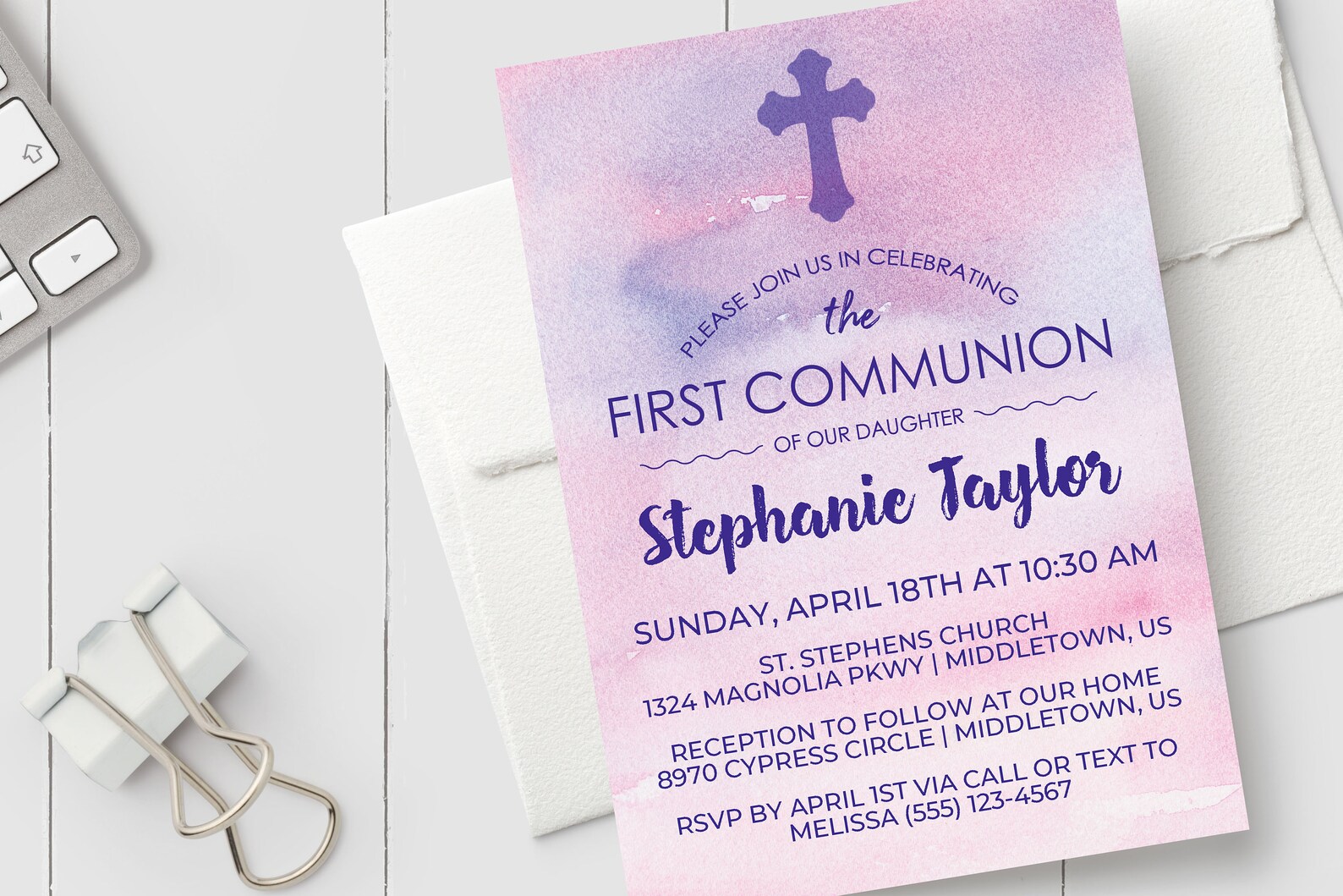 Printable First Communion Invitation Pink Purple Watercolor Etsy