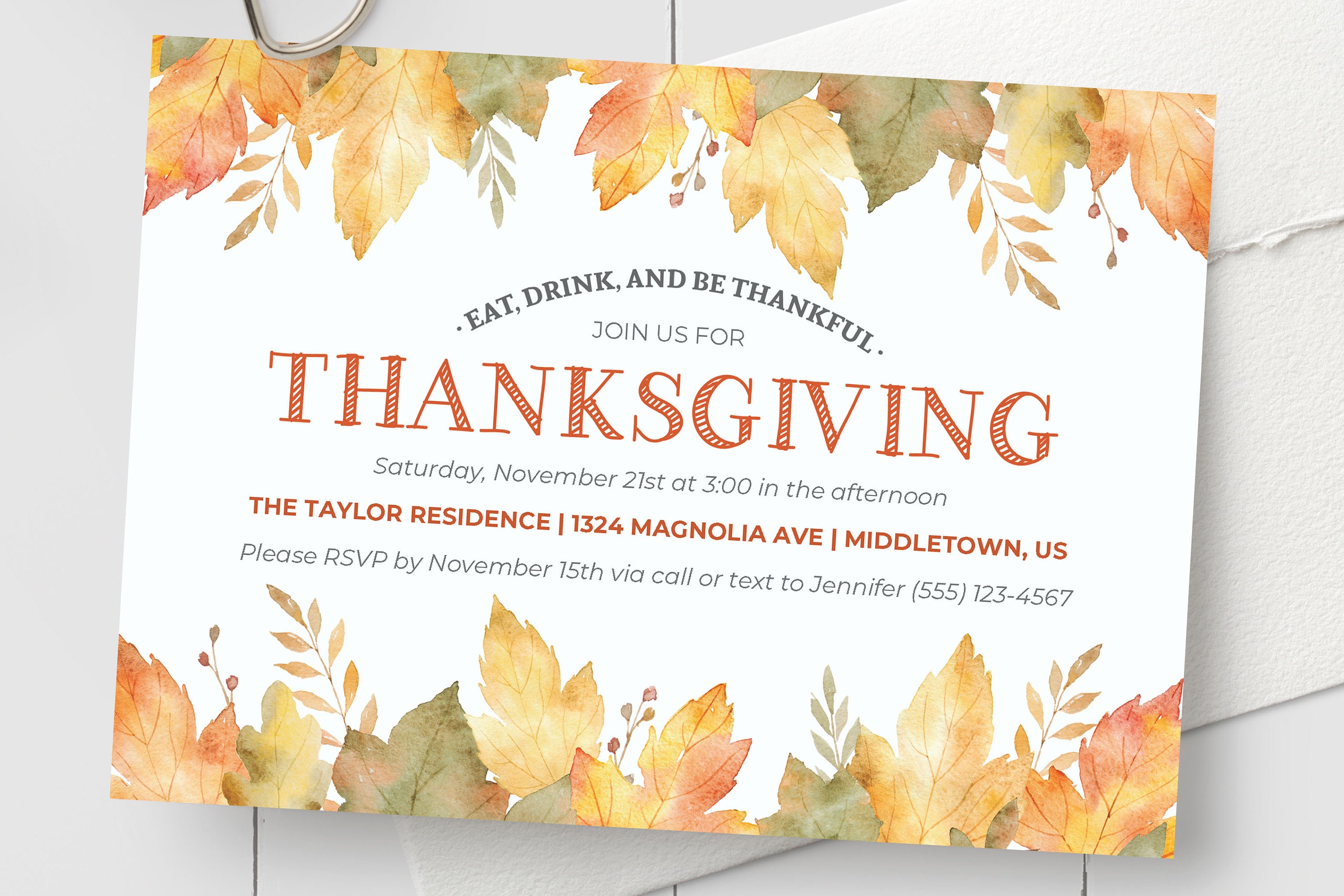 Printable Thanksgiving Invitation Watercolor Leaves Etsy