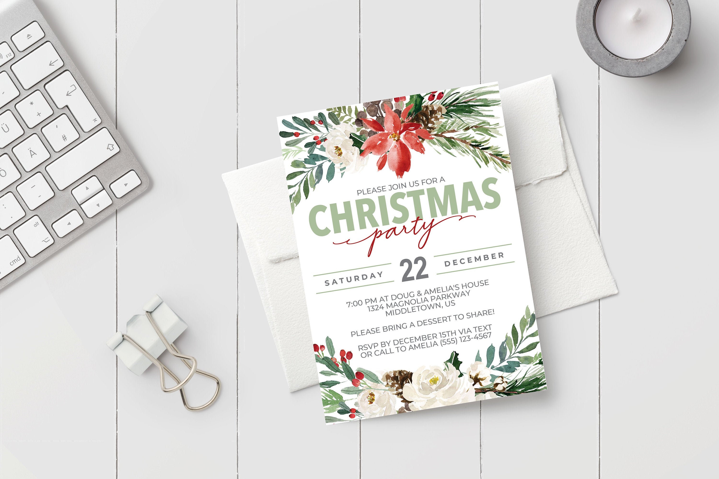 Printable Christmas Party Invitation Poinsettia Watercolor | Etsy