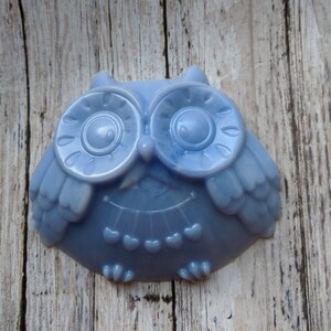 May include: A blue owl-shaped soap with large eyes and a decorative design on the chest.