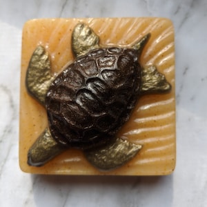 May include: A brown and gold turtle soap bar with a textured shell design on a light orange background.