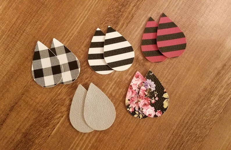 Floral Stripe Leather Alternative Teardrops 10 Pieces Leather Earring Cutouts Buffalo Check Teardrops Faux Leather