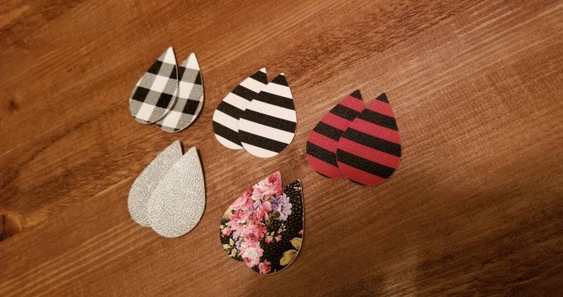 Floral Stripe Leather Alternative Teardrops 10 Pieces Leather Earring Cutouts Buffalo Check Teardrops Faux Leather