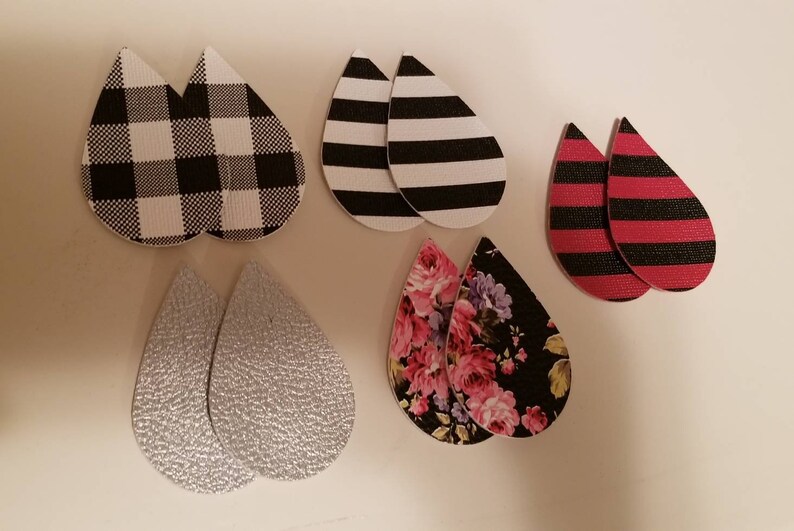 Floral Stripe Leather Alternative Teardrops 10 Pieces Leather Earring Cutouts Buffalo Check Teardrops Faux Leather
