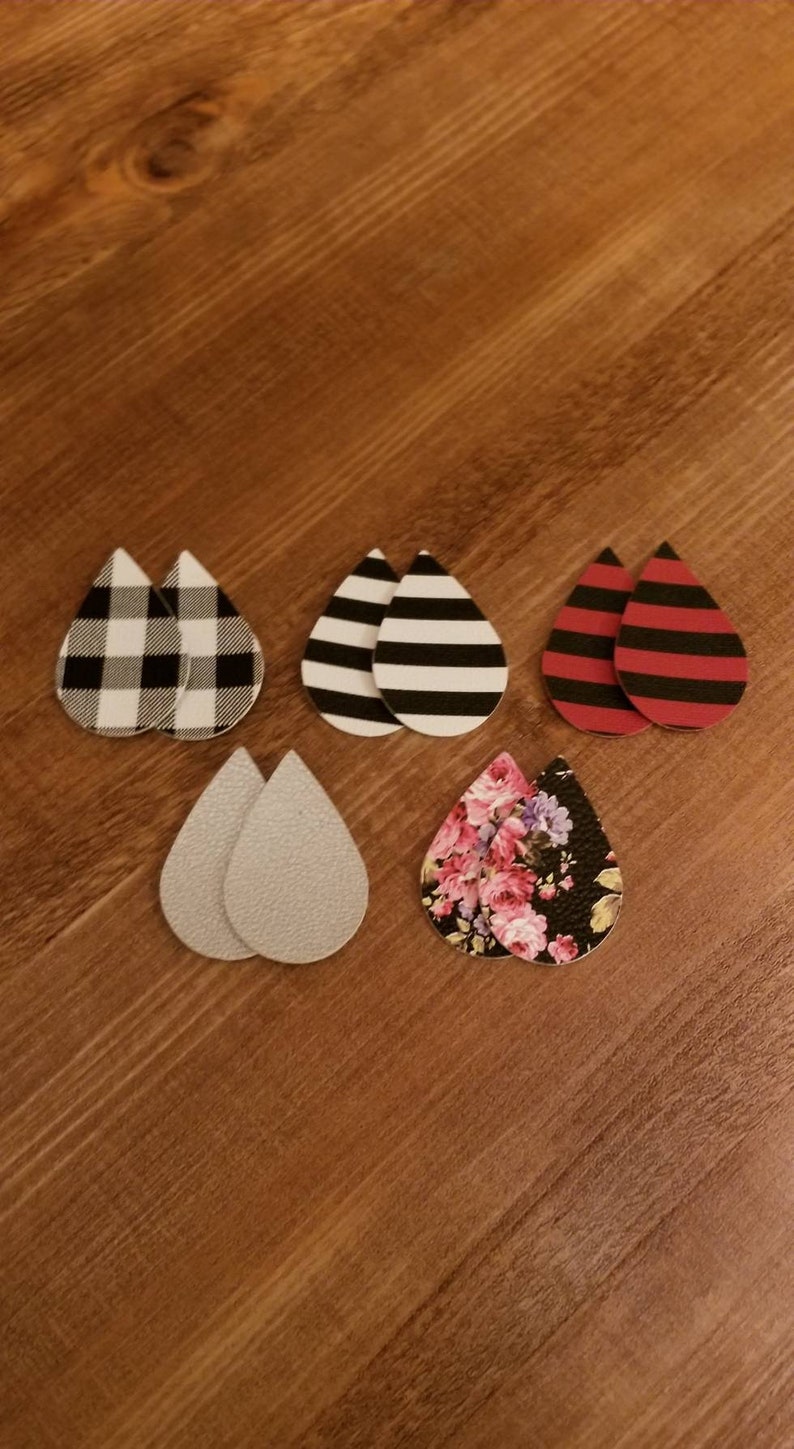 Floral Stripe Leather Alternative Teardrops 10 Pieces Leather Earring Cutouts Buffalo Check Teardrops Faux Leather