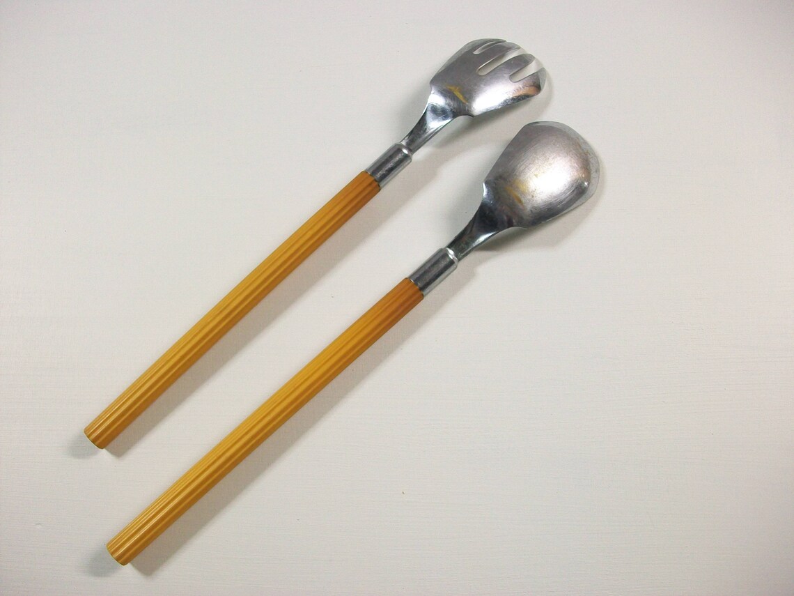 Vintage Chase Salad Serving Utensils Long Yellow Serving Fork Etsy