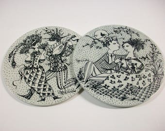 Vintage Nymolle Bjorn Wiinblad Plaques, Ceramic Wall Art, Vintage Nymole Denmark Februar Maskerade & Maj Harmoni, Round Tile Trivets