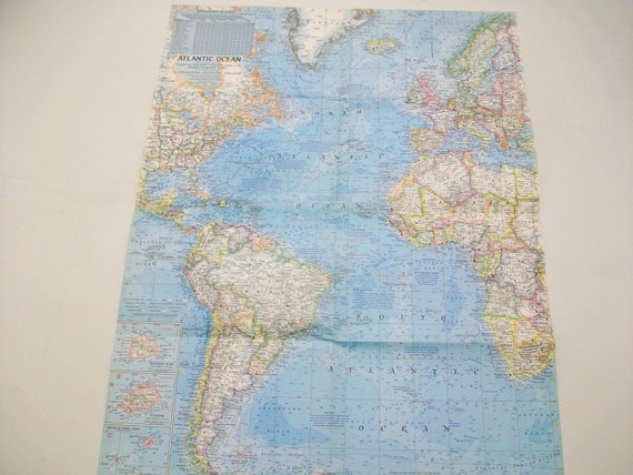 Vintage Atlantic Ocean Map National Geographic Map North And South Atlantic Ocean Map Vintage Atlantic Ocean Floor Map Two Sided Map