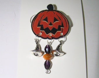 Pumpkin Jack O' Lantern Brooch Lapel Pin w/ Witch Hats Halloween Jewelry