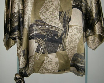 Vintage Abstract Patterned Batwing Blouse, Tie at Hip, Women's size XS, Beige, Black, Champagne