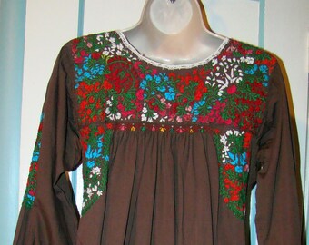 Vintage Guatemalan Brown Floral Embroidered Long Dress, Pre-owned , Size Small