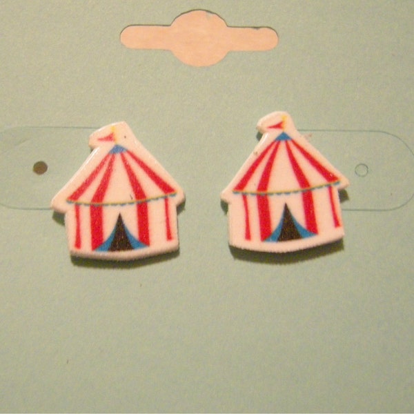 Circus Tent Pierced Earrings, Birthday Party Under the Big Top, handmade jewelry, 13mm.