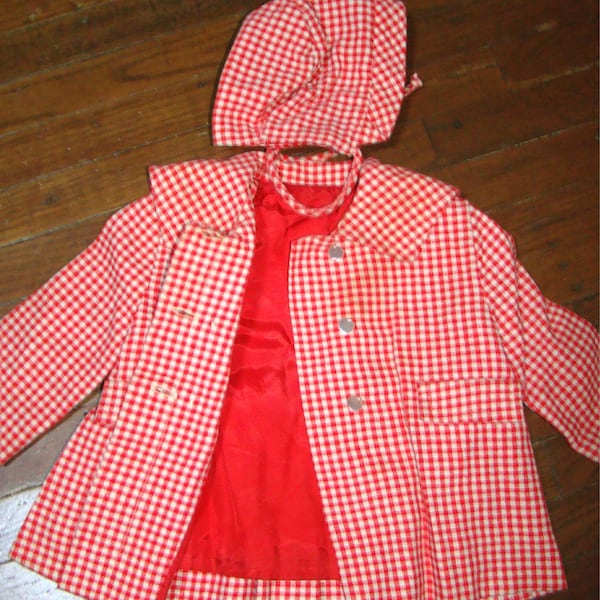 Vintage Baby Girl Red Plaid Peacoat and Bonnet 12mos. by Millicent"s of San Francisco, 1970