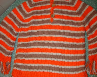 1970's True Vintage Hand Knit Sweater, Hooded, Flare Sleeves, Fringe Trim, Bright Fall Colors, Medium