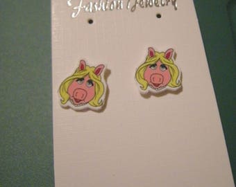 Miss Piggy Lady Puppet inspired Character Pierced Earrings, handmade jewelry