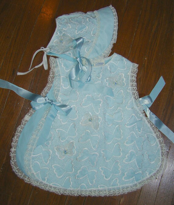 Vintage Blue Butterfly Lace Easter Apron Dress & H