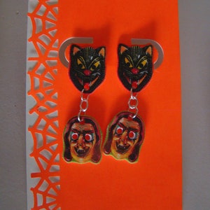 Vintage Black Cat & Witch Halloween Masks Dangle Style Pierced Earrings