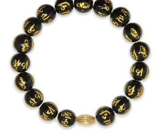 10mm agate bead bracelet with gold letters  and gold charm