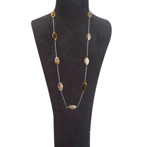 silver chain  and brown frosted jade  oval shape stone long necklace