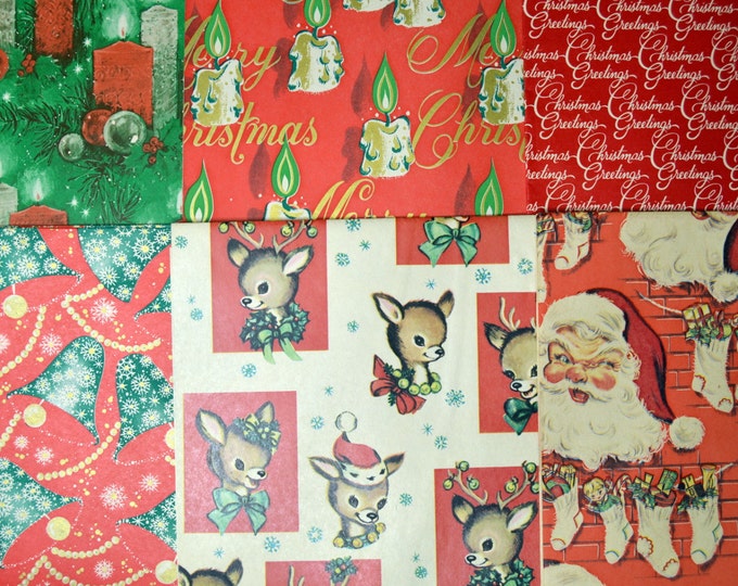 Vintage Wrapping Paper Christmas Deer Santa Candles Bells 6 Etsy