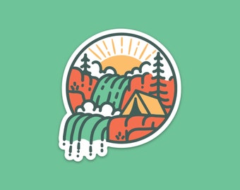 Camping Waterfall Sticker: Weatherproof Vinyl Decal