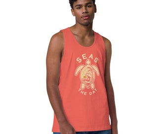 Seas the Day Men’s Cotton Tank Top: Turtle Graphic Sleeveless Shirt