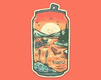 Fishing Beer Can Sticker: Hand-Drawn Design Weatherproof Vinyl