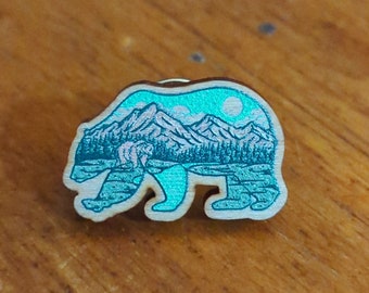 Bear in Nature Wooden Pin, Wood Pin, Bear Pin, Nature Pin, Cherry Wood, Full Color Pin, Metal Clasp Pin