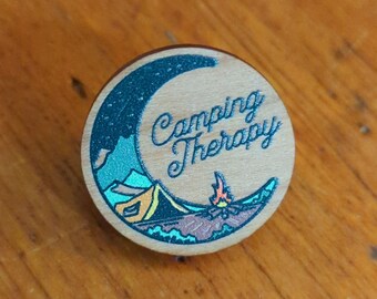 Camping Therapy Wooden Pin, Cherry Wood Pin, Moon Pin, Nature Pin, Full Color Pin, Metal Clasp Pin, Camping Pin
