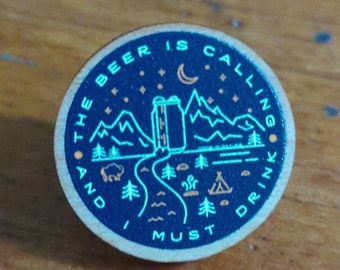 Beer is Calling Wooden Pin, Cherry Wood Pin, Mountains Are Calling, Nature Pin, Full Color Pin, Metal Clasp Pin, Camping Pin