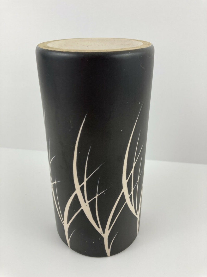 Vintage 1960s Pottery Cylinder Black Flower Vase Wood Branches Retro Decor 画像 2