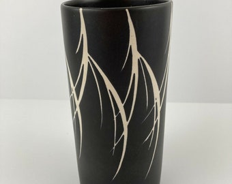 Vintage 1960s Pottery Cylinder Black Flower Vase Wood Branches Retro Decor