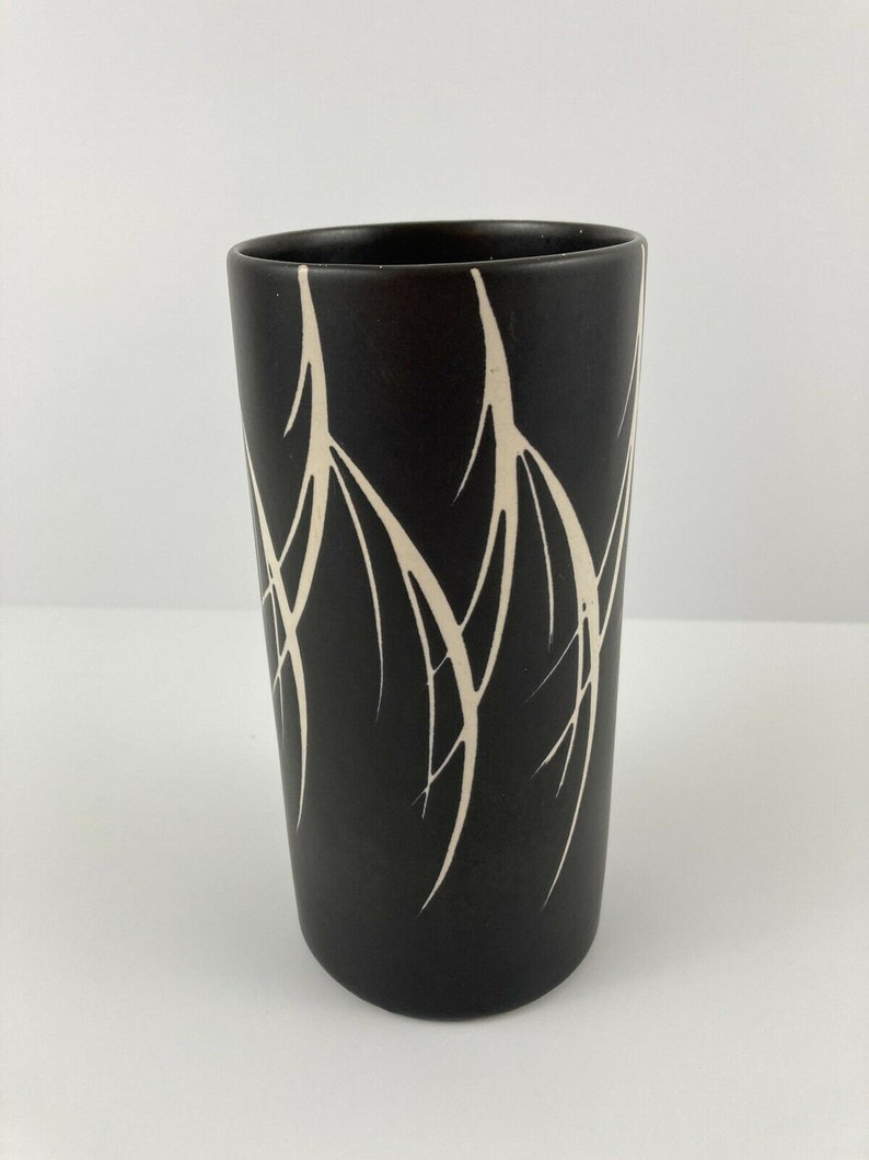 Vintage 1960s Pottery Cylinder Black Flower Vase Wood Branches Retro Decor 画像 1